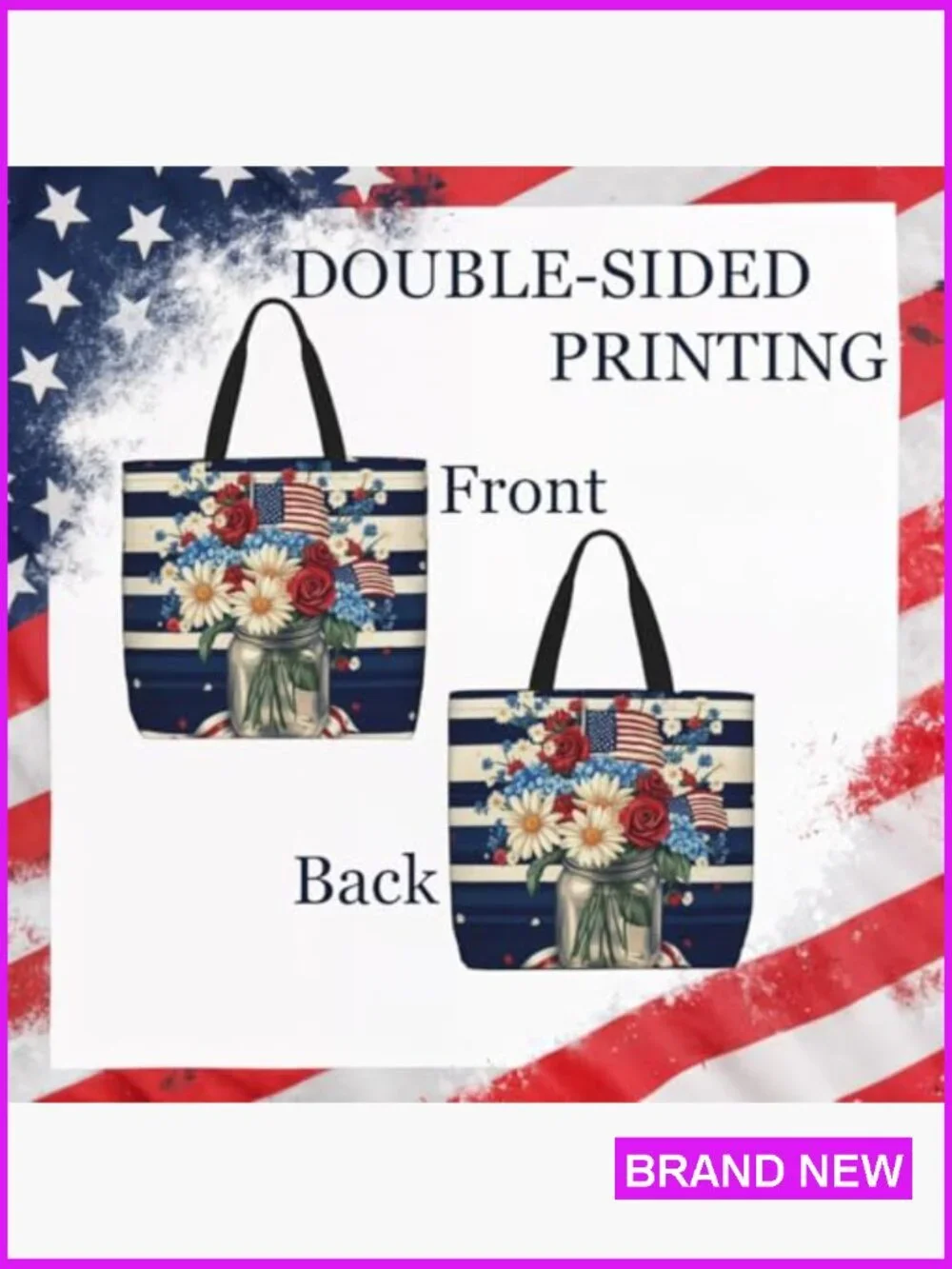 Large Tote Bag With Zipper Reusable Lightweight Patriotic Shopping